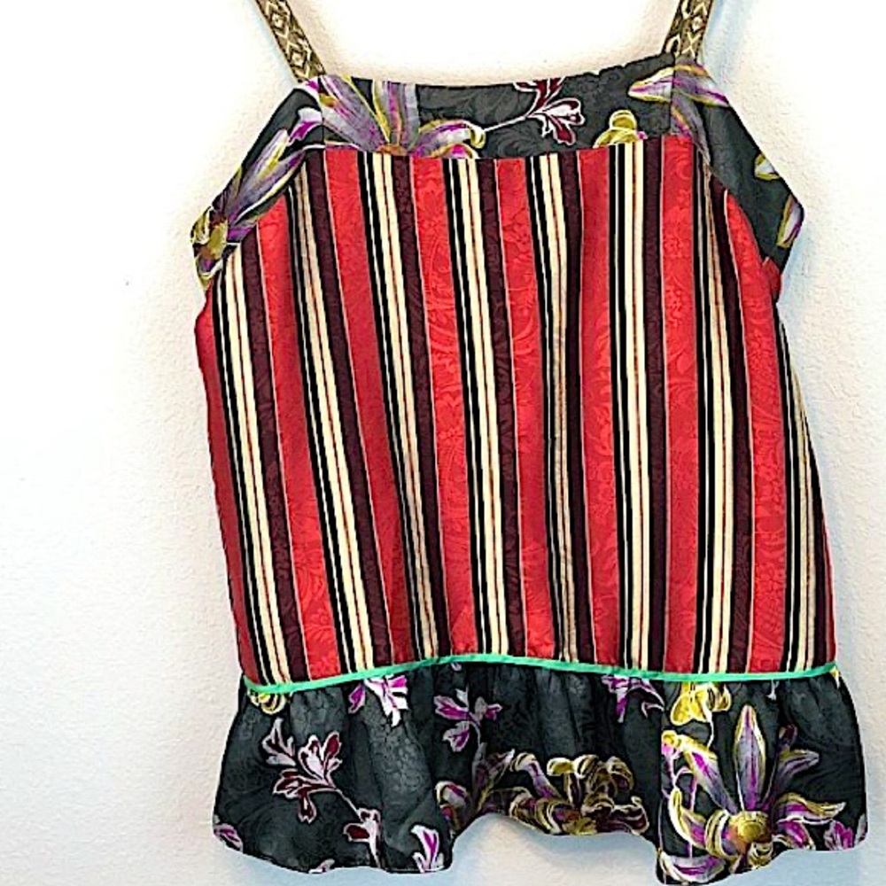 ANTHROPOLOGIE Top ELOISE ACACIA Camisole Silky Floral Stripe Red Black Sz Large